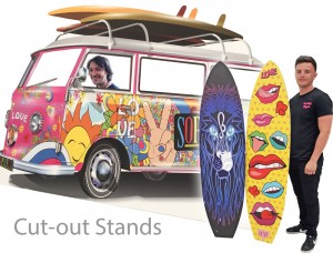 camper van and surfing boards cut out displays